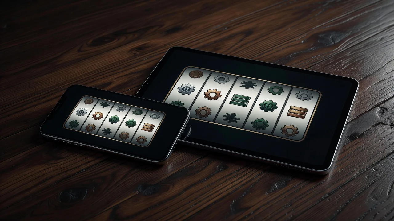 Phone in landscape next to a tablet showing the same casino lobby