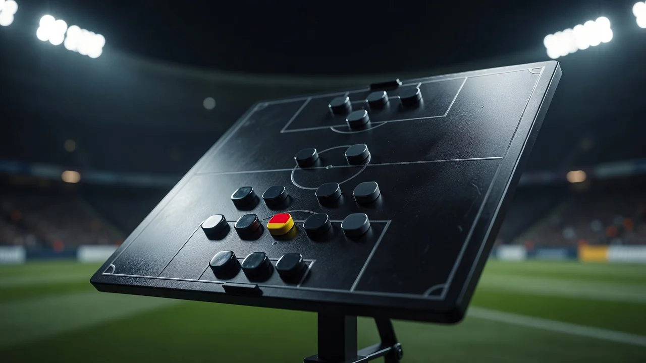 Magnets showing a defender stepped into the midfield line on a board