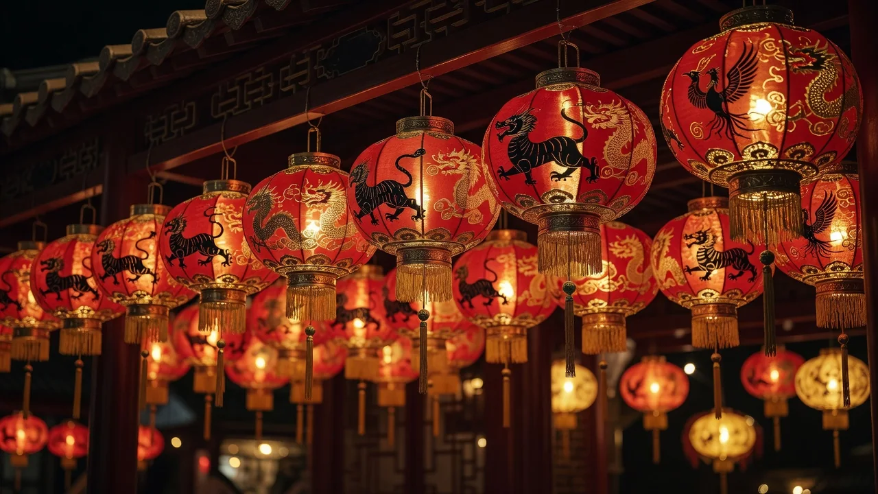 Lampion merah dengan ornamen zodiak Cina menyambut Imlek