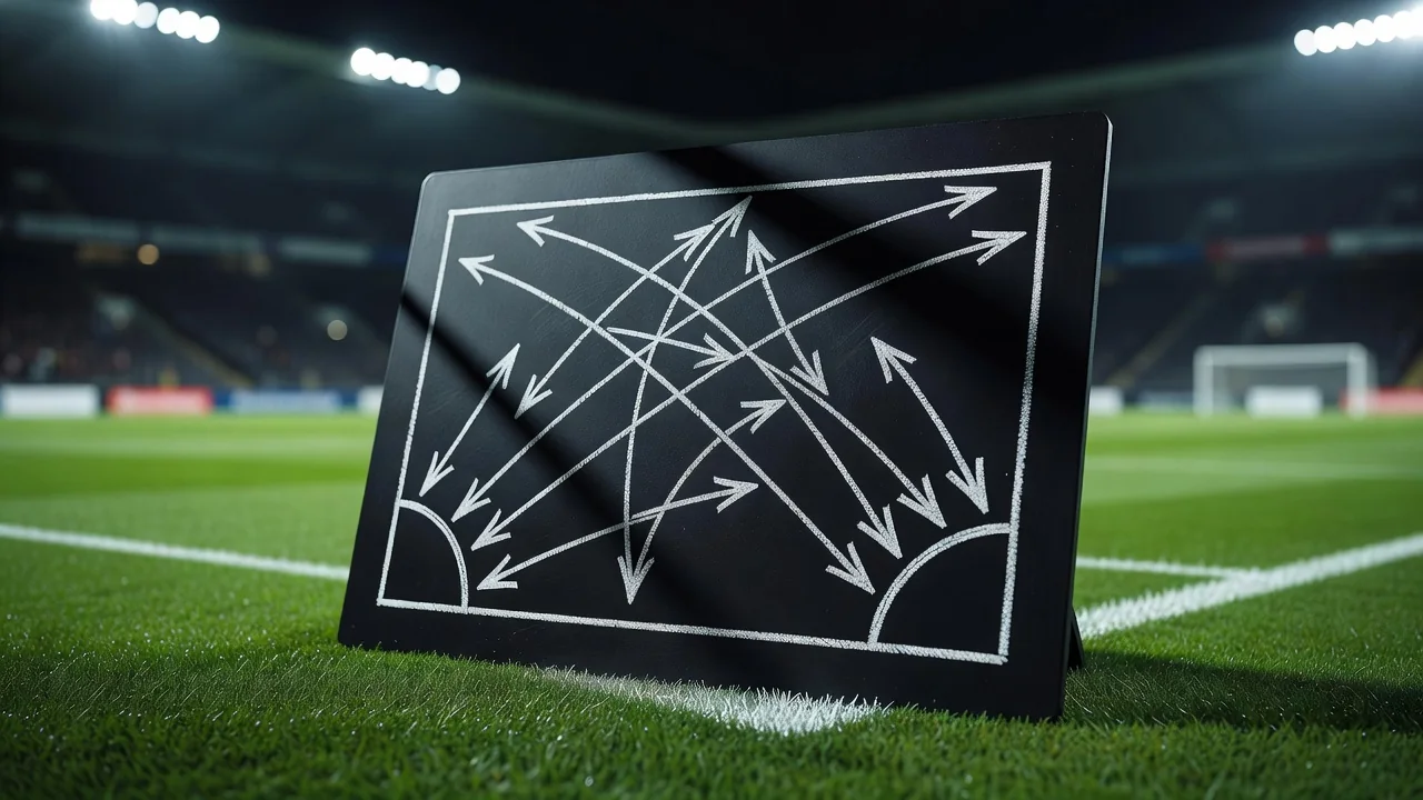 Chalk corner routine arrows drawn from the corner arc on a tactics board