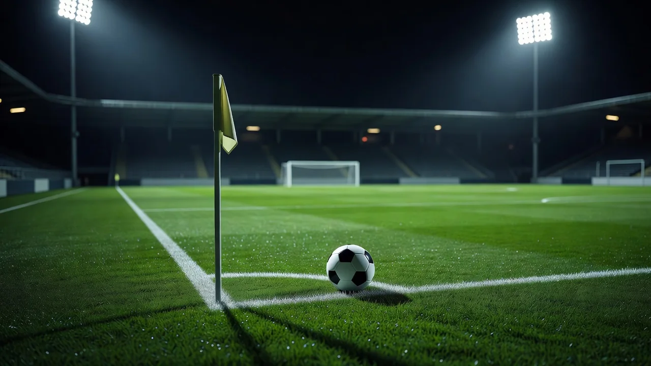 Corner flag and ball on the arc under bright stadium lights