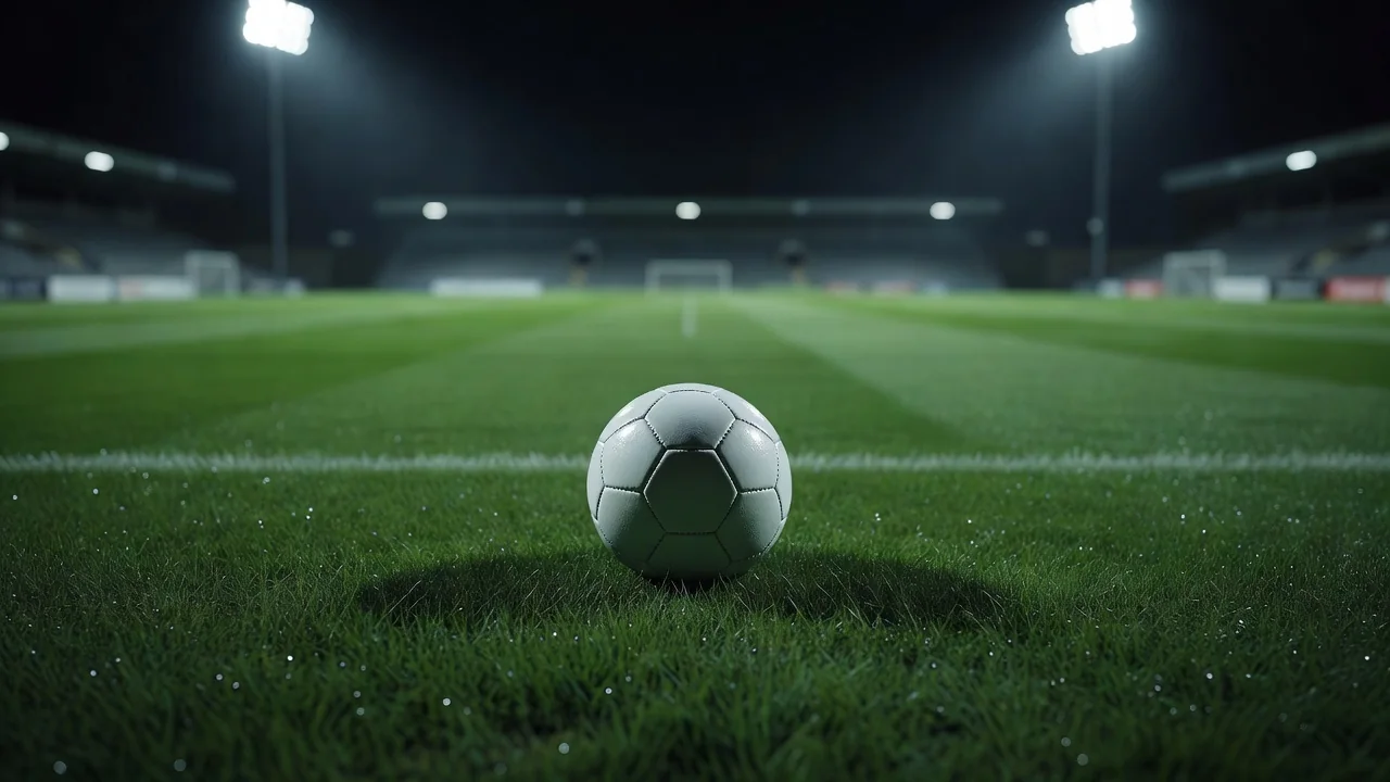 Empty pitch stretching toward a distant goal under floodlights