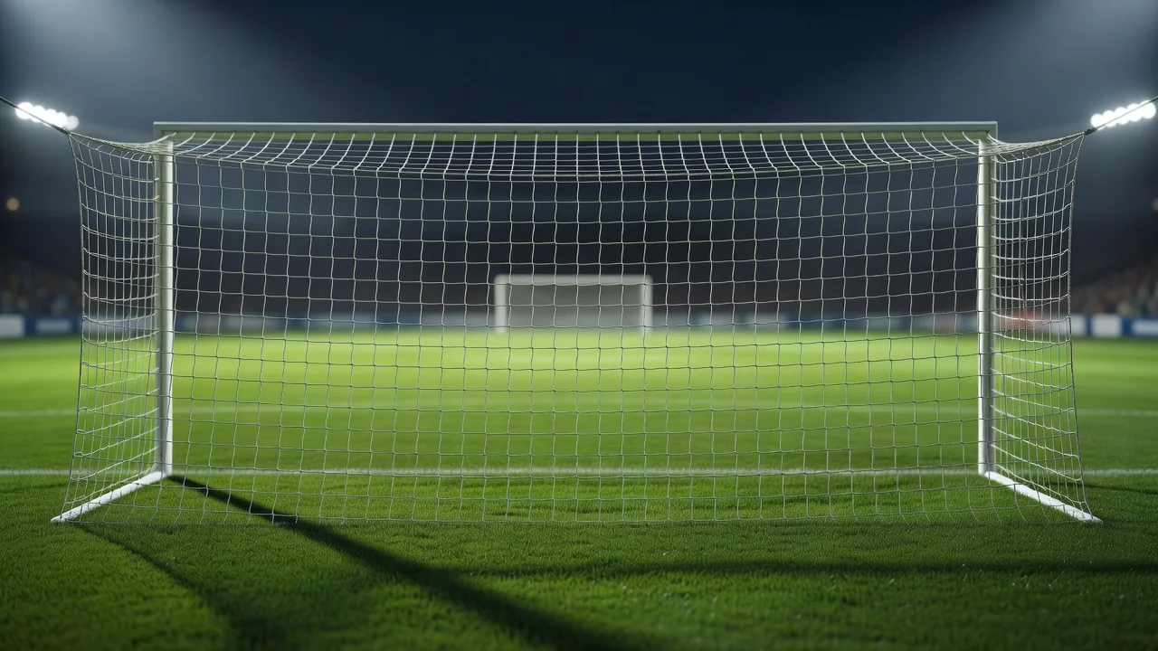 Six-yard box seen from behind the goal net under lights