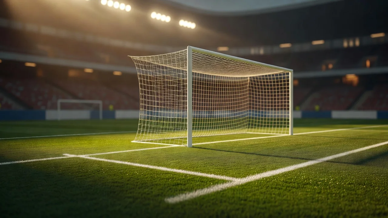 Goal area markings and net in soft stadium light