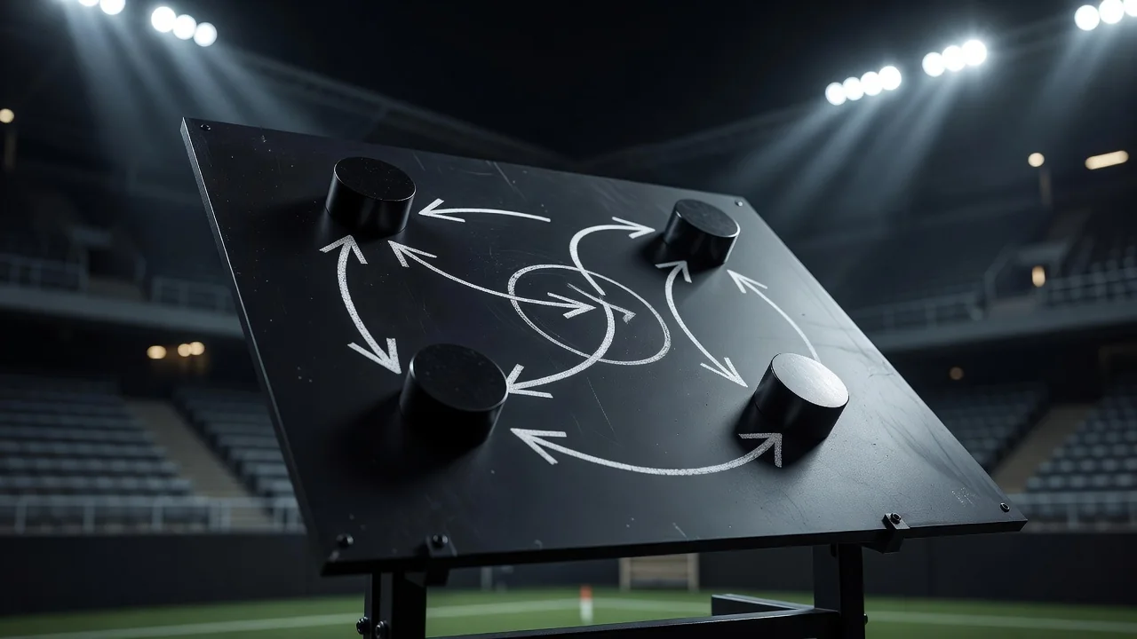 Chalk rotation arrows between three forward magnets on a board