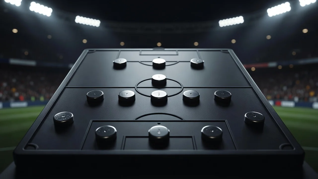 Magnets in a three-five-two pattern on a dark tactics board
