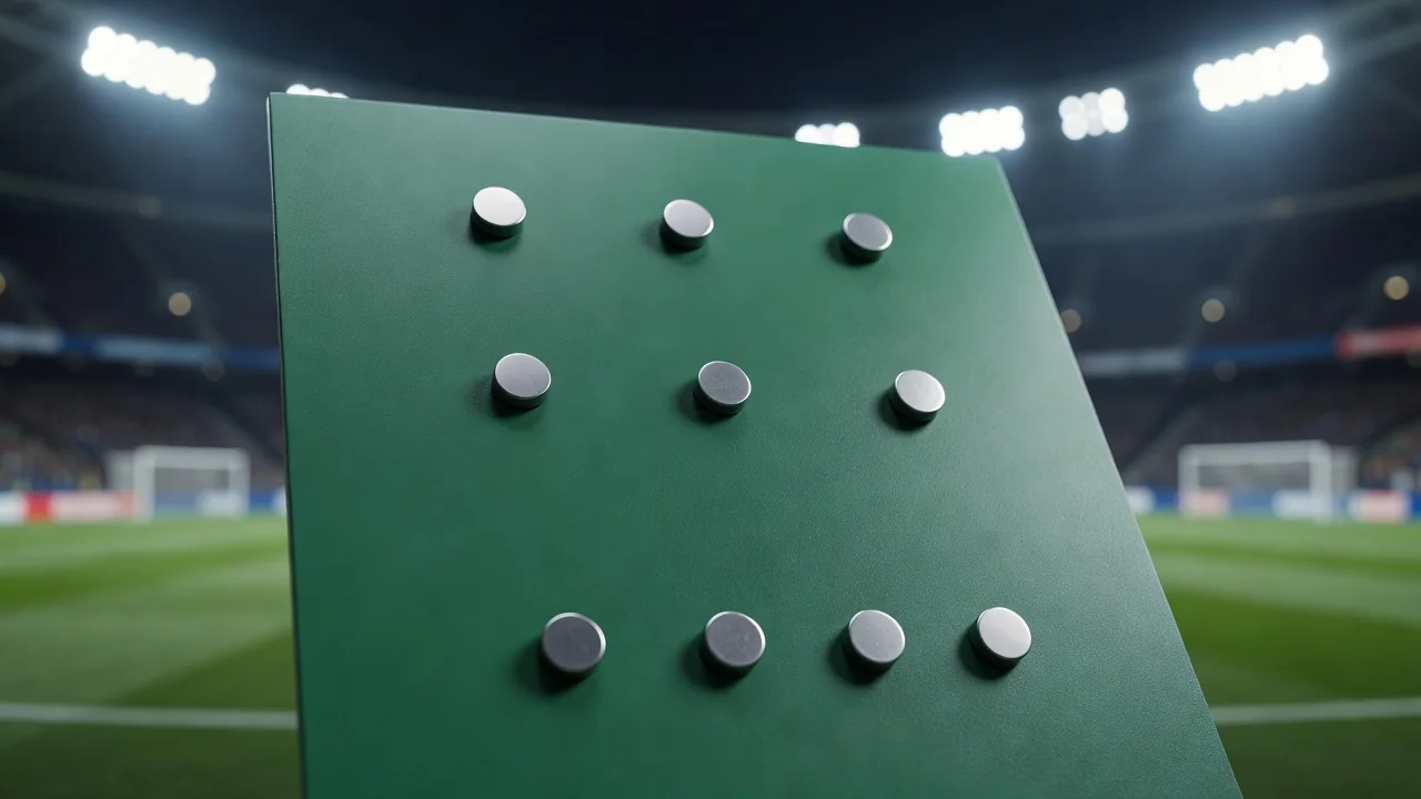 Magnets arranged in a four-three-three structure on a green board