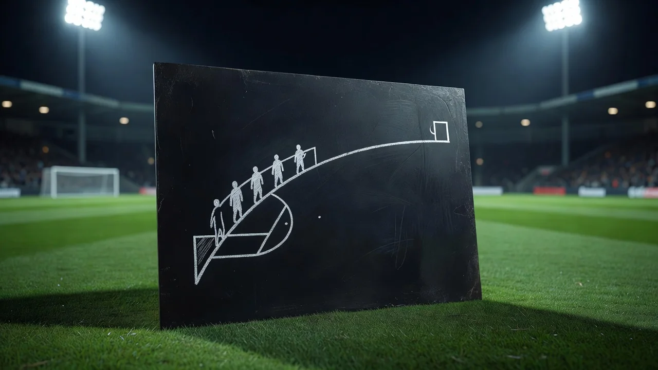 Chalk free kick diagram with wall and curved shot lane on a board
