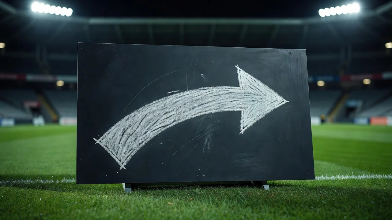 Chalk arrows curving from the wing toward goal on a tactics board