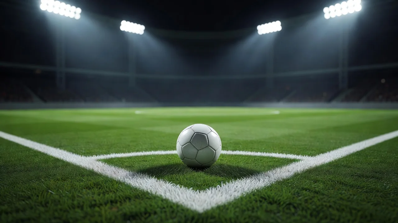 Match ball on the corner of the penalty area under floodlights