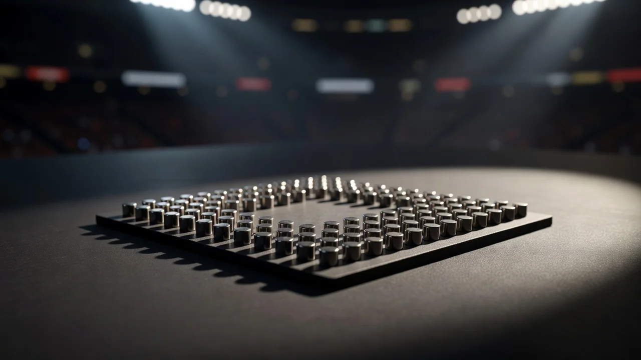 Magnets packed into two compact lines in front of a goal area on a board