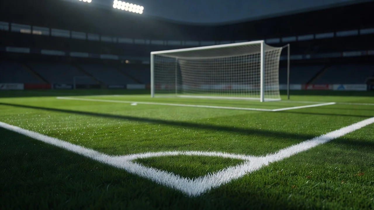 Six-yard box line and goal frame under evening stadium lights