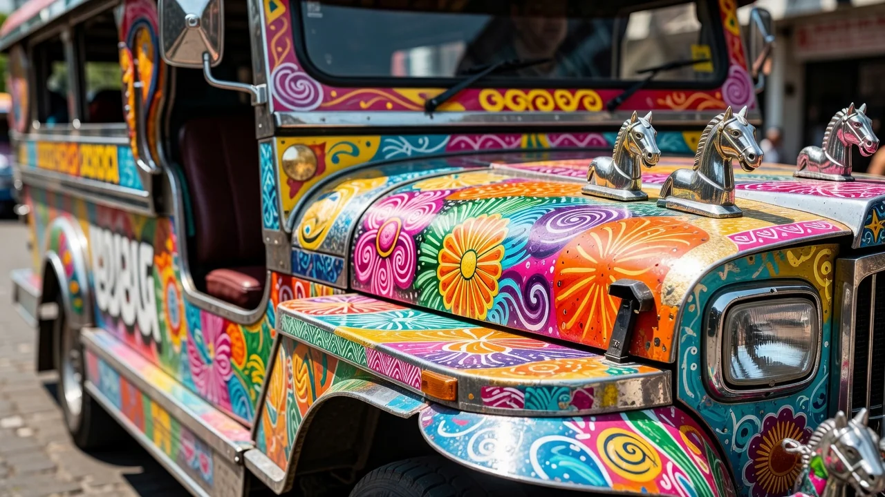 Jeepney warna-warni di jalanan Manila, Filipina