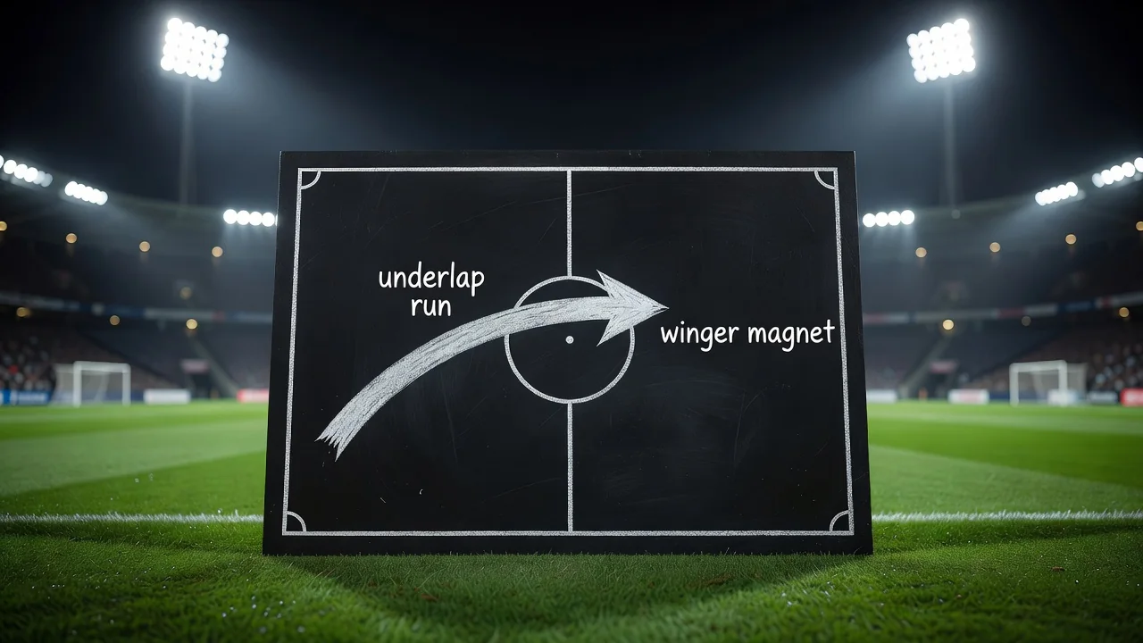 Chalk underlap run arrow curving inside a winger magnet on a board