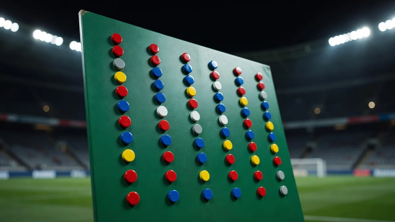 Magnets arranged in five vertical lanes on a tactics board