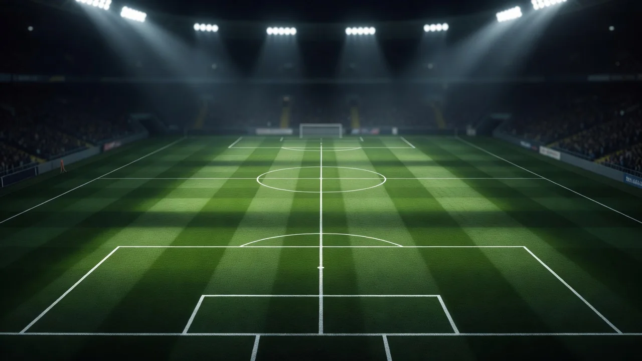 Pitch with chalk lane markings seen from the stands