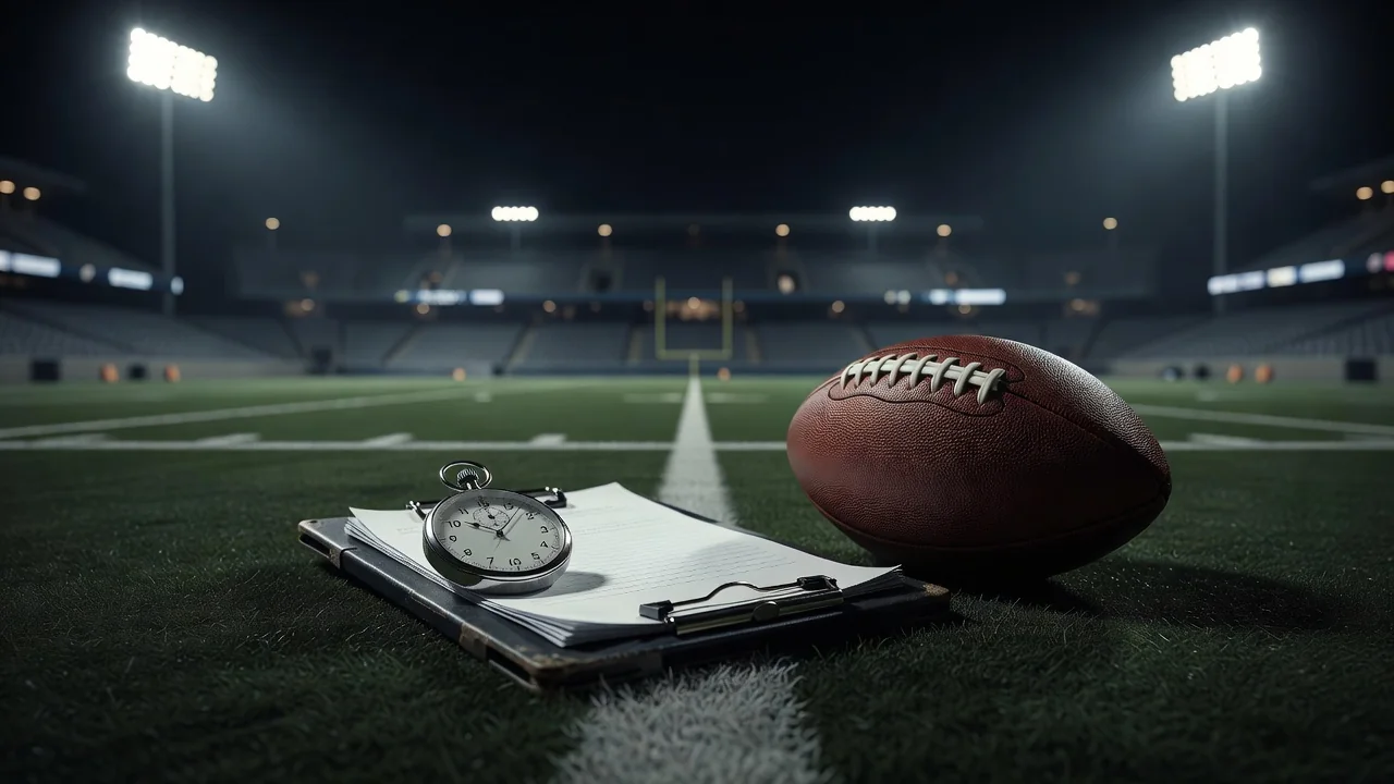 Stopwatch and whistle lying on a coach notebook at the touchline