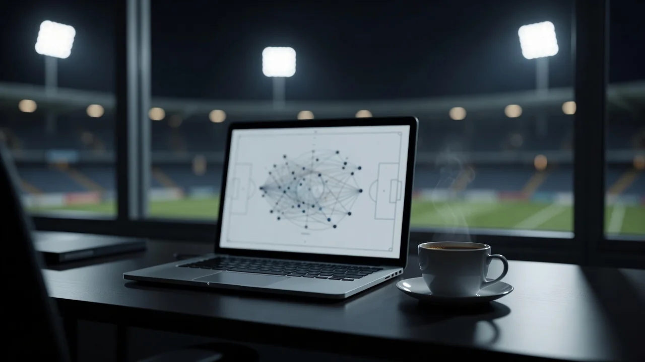 Laptop with blurred pass network diagram beside coffee on a desk