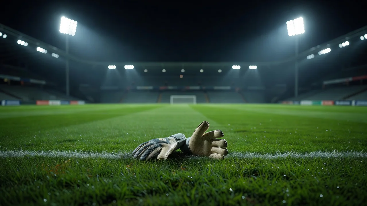 Goalkeeper gloves lying on the grass far outside the penalty area