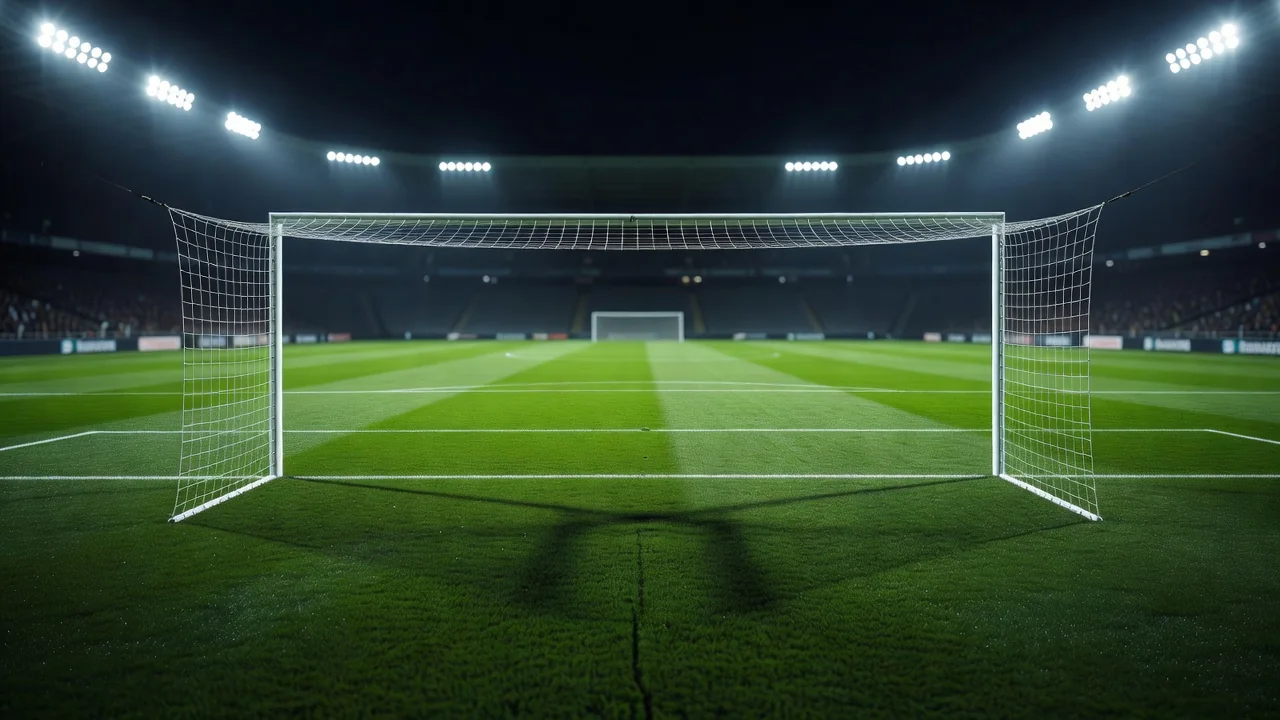 Empty goalmouth with pitch stretching into the distance
