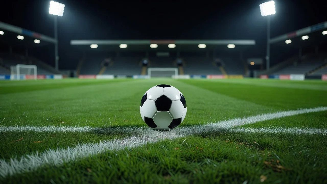 Ball resting beside the touchline on a marked grass pitch