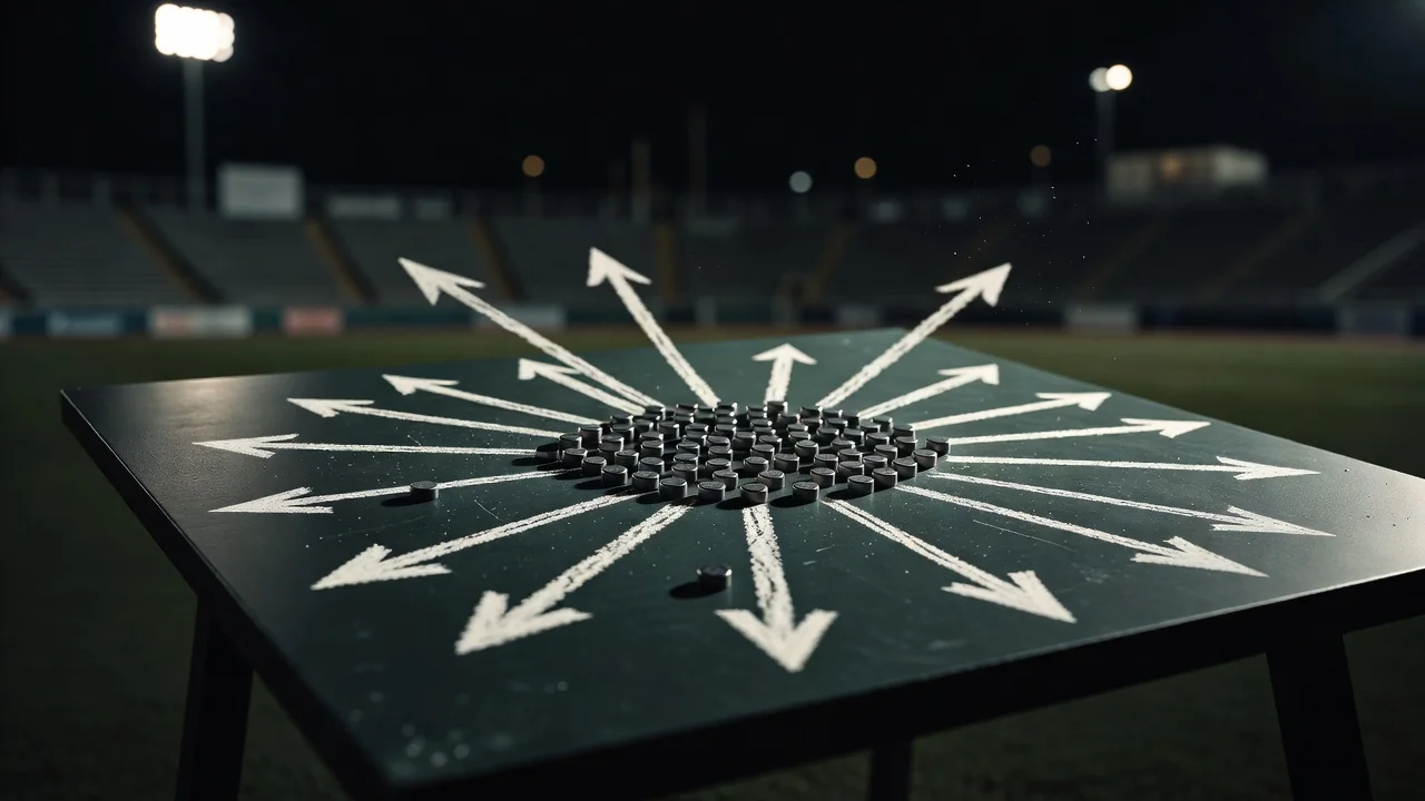 Chalk arrows breaking forward from a crowded midfield on a tactics board