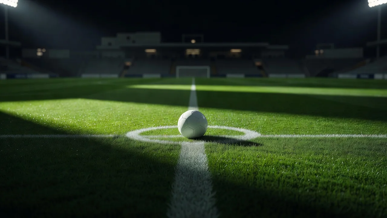 Match ball on the halfway line with pitch lines stretching away