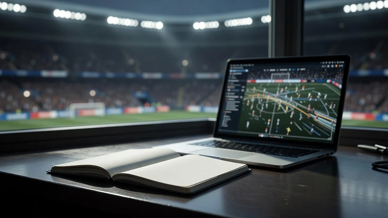Blurred shot charts on a laptop screen beside a match notebook