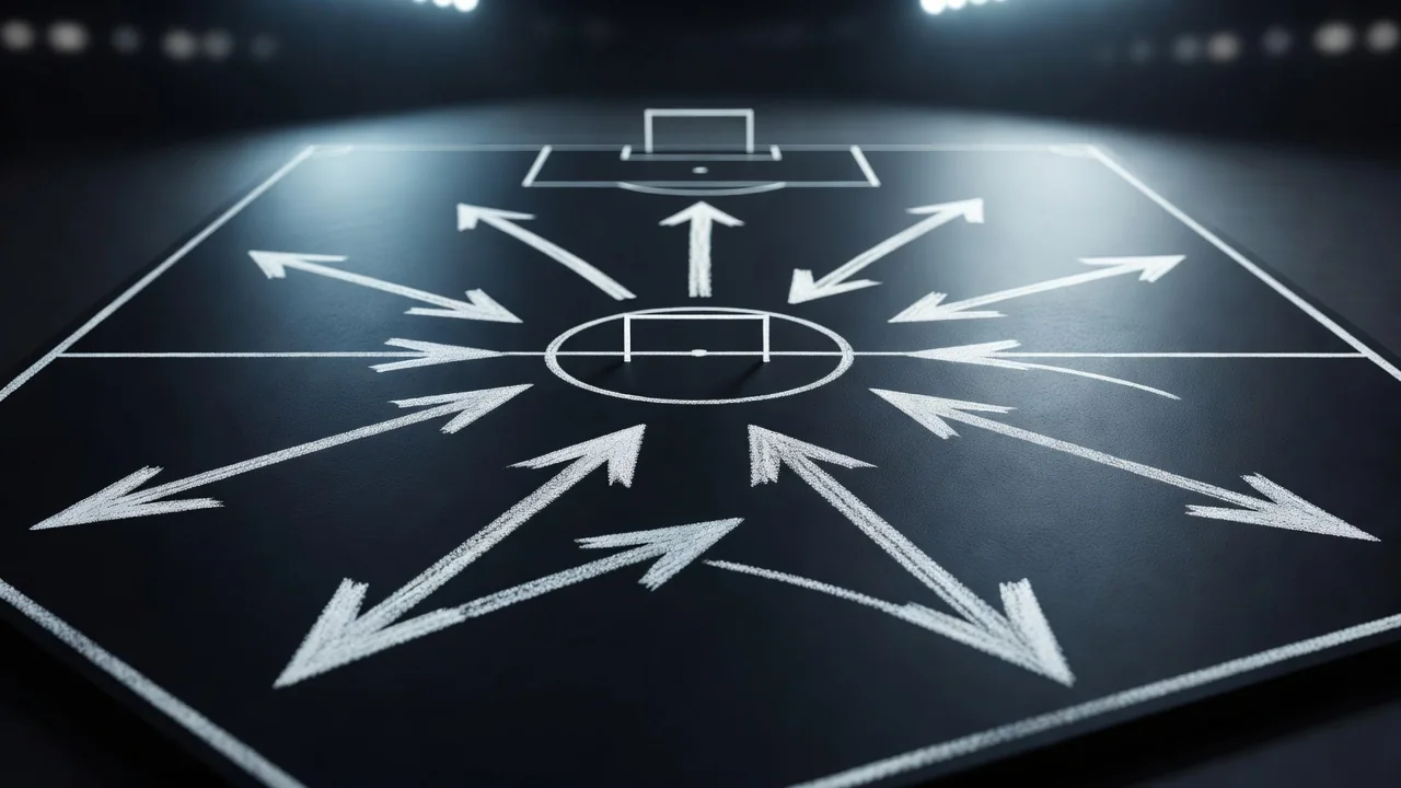 Chalk passing lanes converging on the penalty area of a tactics board