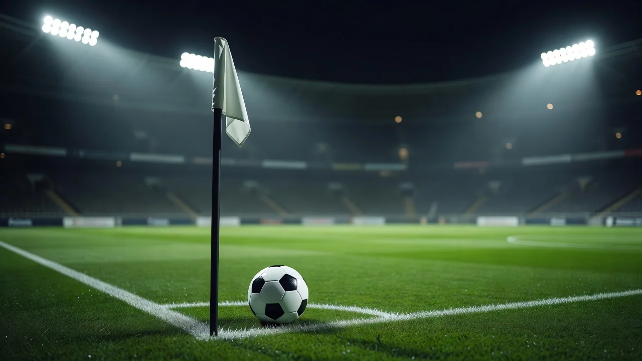 Corner flag with a ball placed on the arc under stadium lights