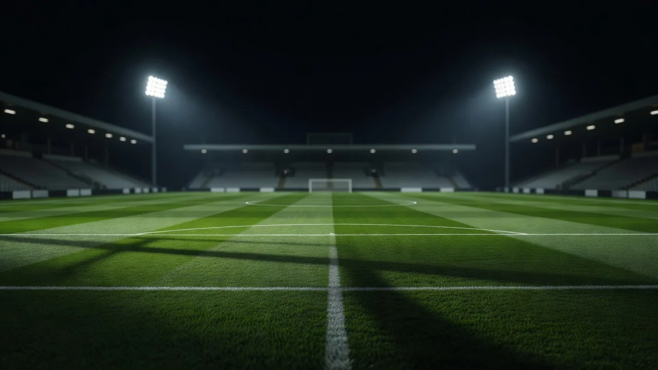 Empty pitch stretching toward a distant goal under floodlights