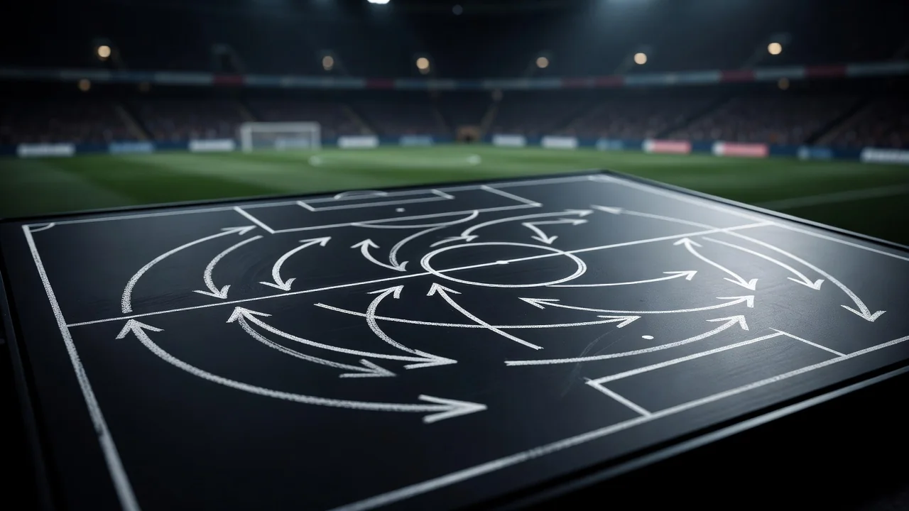 Chalk formation sketch with arrows on a dark tactics board