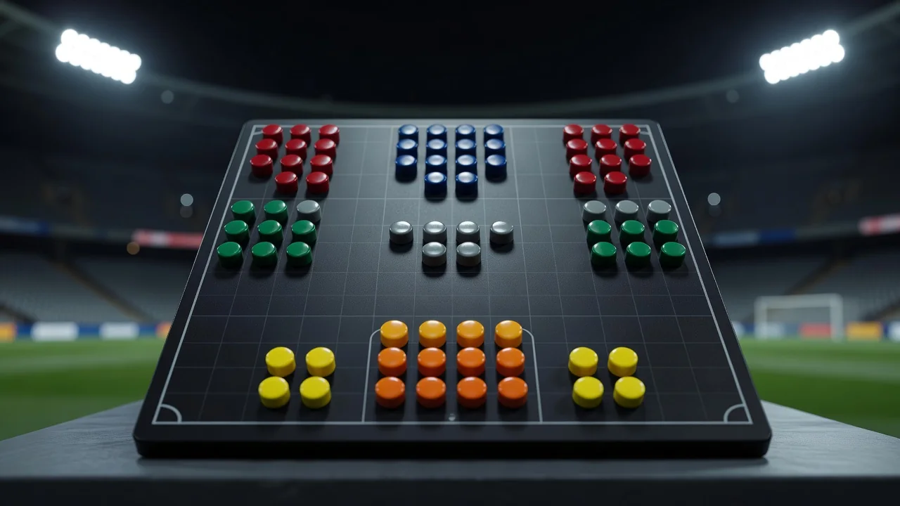 Tactics board with magnets split into defence midfield and attack