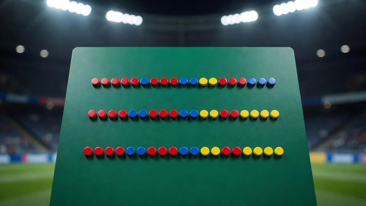 Magnets arranged in three lines on a green tactics board