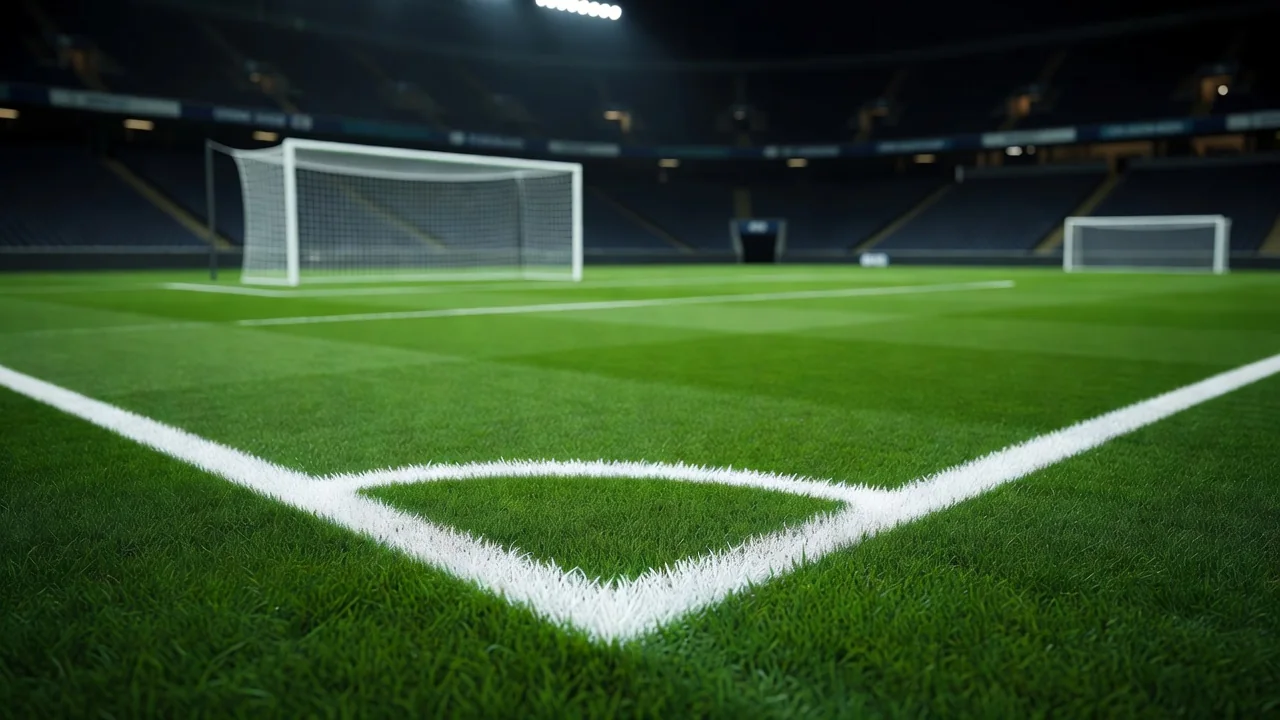 Goal area with defensive line markings on the pitch