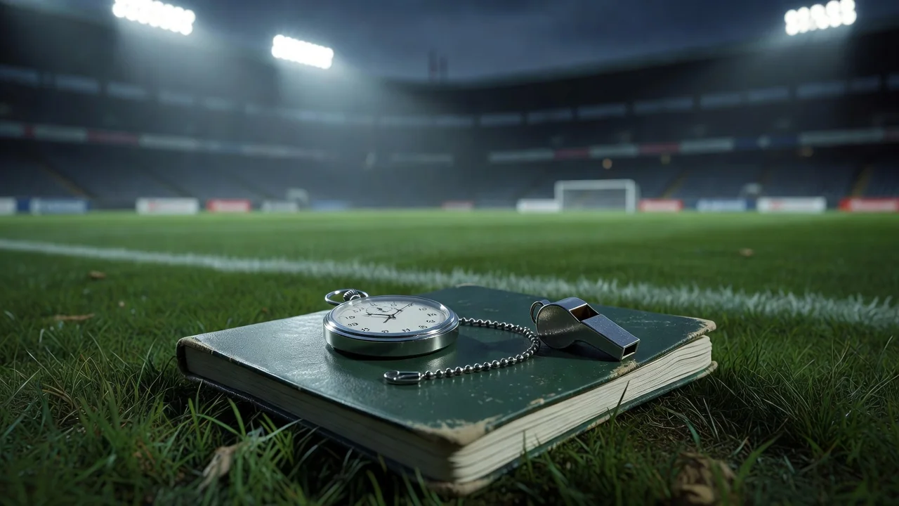 Stopwatch and whistle on a coach notebook at the touchline