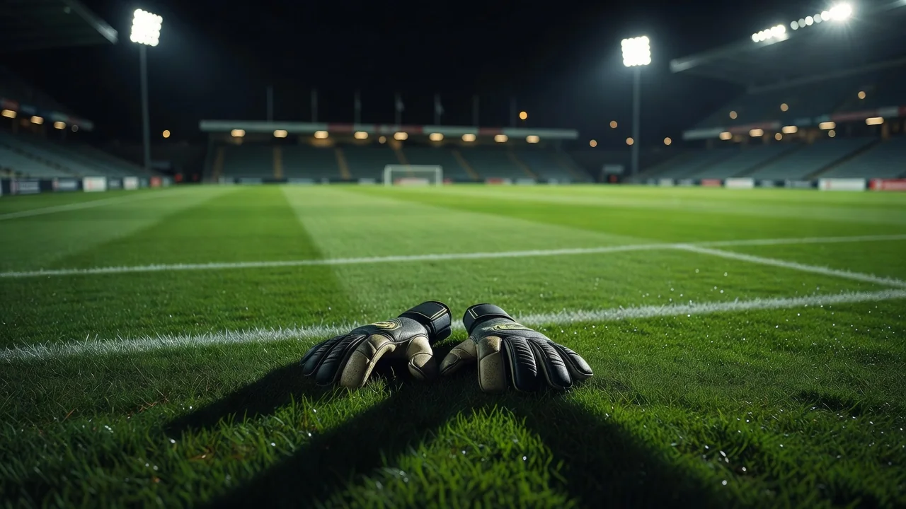 Goalkeeper gloves placed far outside the penalty area on grass