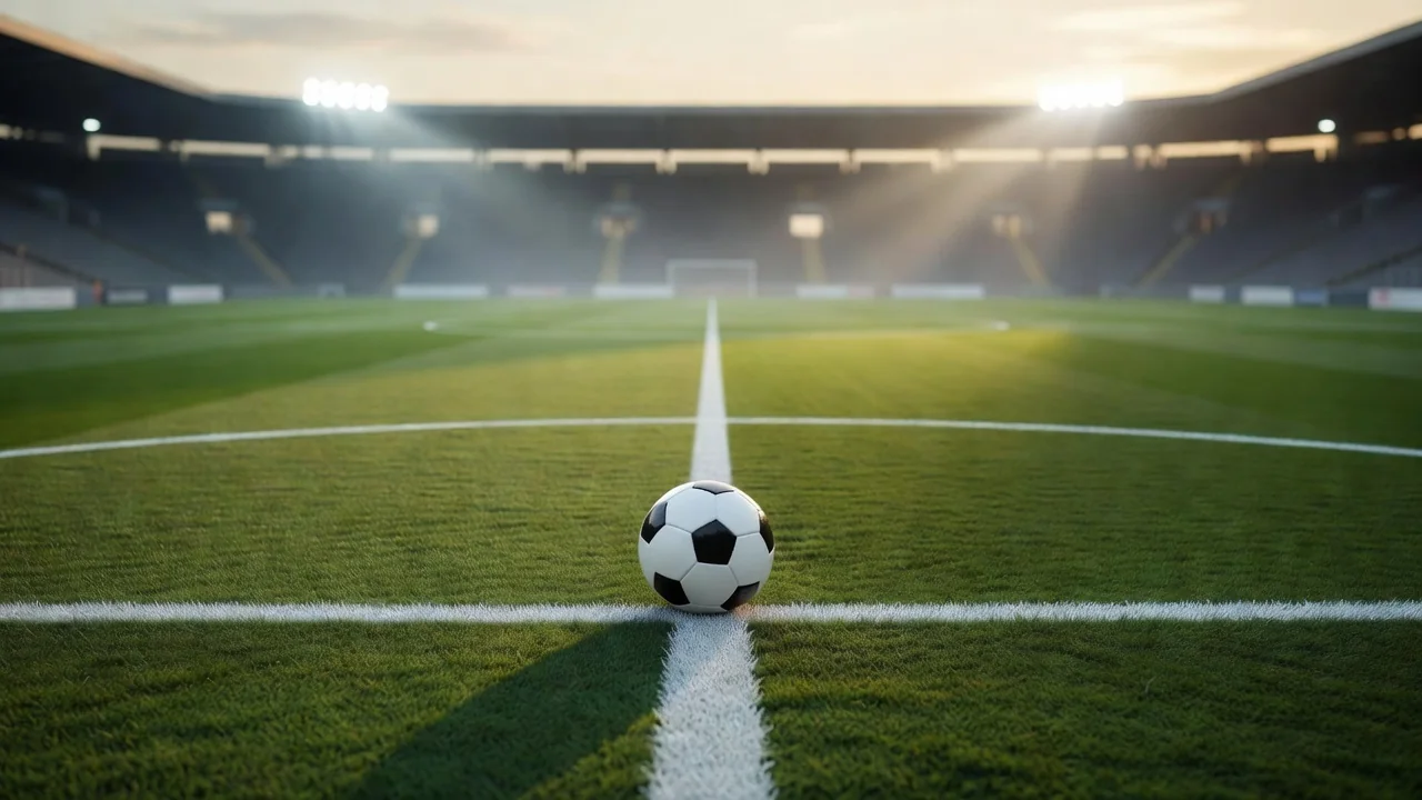Football on the halfway line with motion-blurred pitch lines