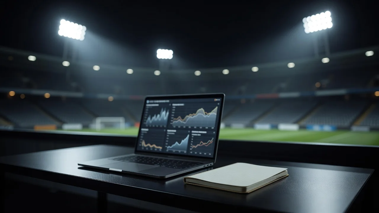 Laptop showing blurred football charts beside a notebook