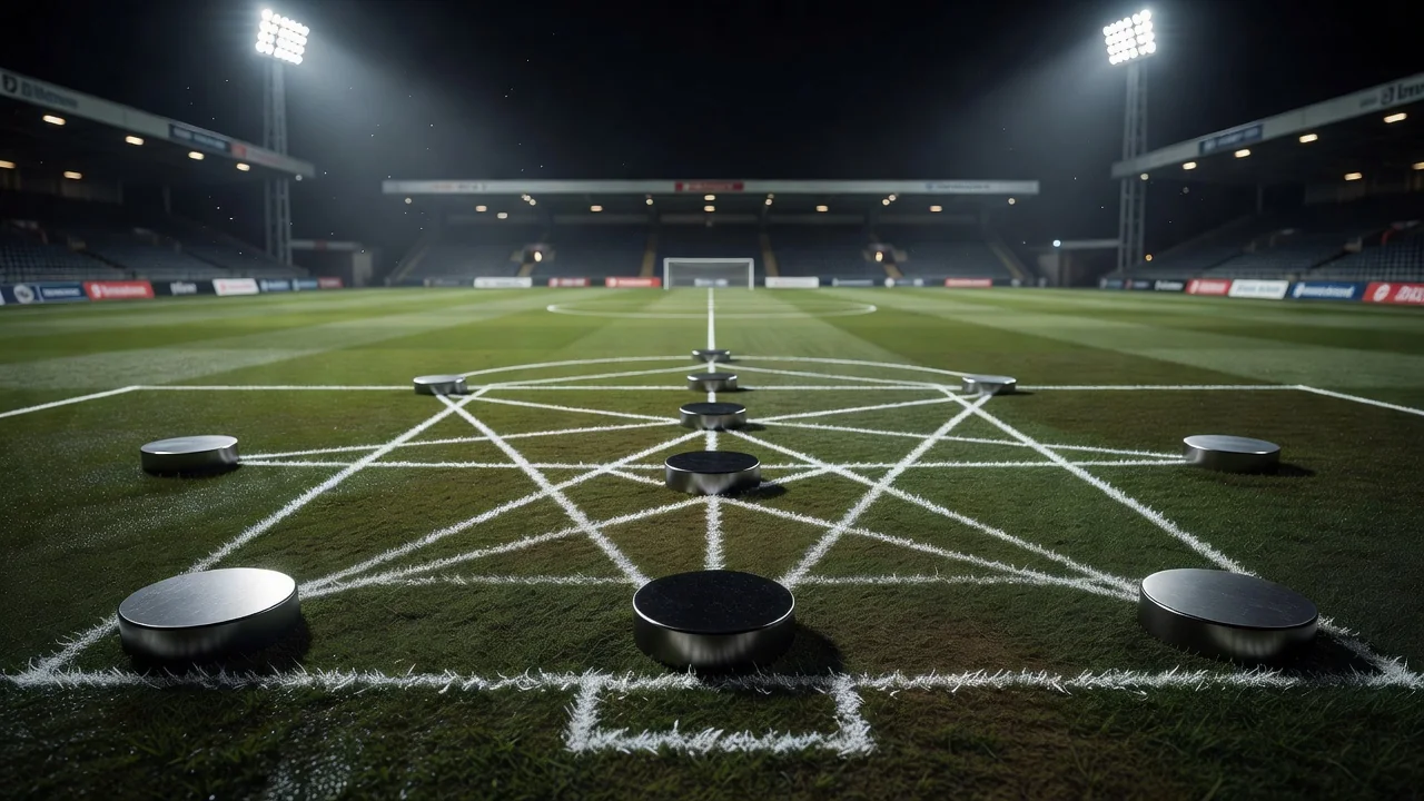Chalk passing lanes drawn between magnets on a tactics board